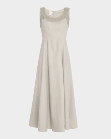 Lafayette 148 New York Square-Neck Linen Dress with Knit Trim
