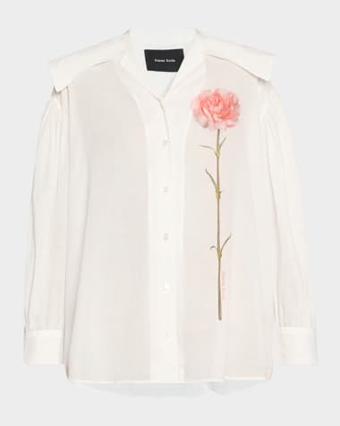 Simone Rocha Carnation-Print Sailor-Collar Puff-Sleeve Shirt
