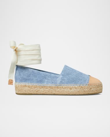 Tory Burch Bicolor Denim Ankle-Wrap Espadrilles