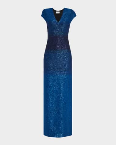 St. John V-Neck Degrade Sequin Knit Short-Sleeve Gown