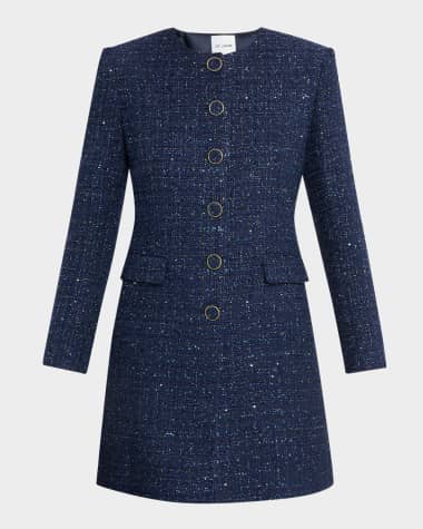 St. John Sequined Micro Check Tweed Long Jacket