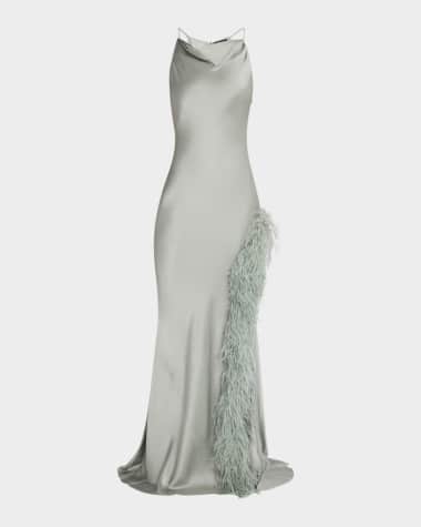 LAPOINTE Cowl Satin Ostrich Feather Gown