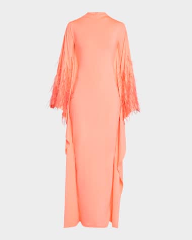 LAPOINTE Ostrich Feather Compact Jersey Batwing Gown