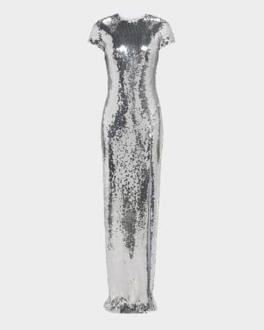 Sergio Hudson Sequined Short-Sleeve High Slit Gown