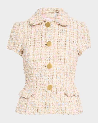 Sergio Hudson Short-Sleeve Tweed Metallic Jacket