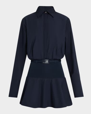 Brandon Maxwell Irene Belted Knit-Yoke Mini Shirtdress