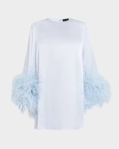 LAPOINTE Feather-Trim Long-Sleeve Satin Mini Shift Dress