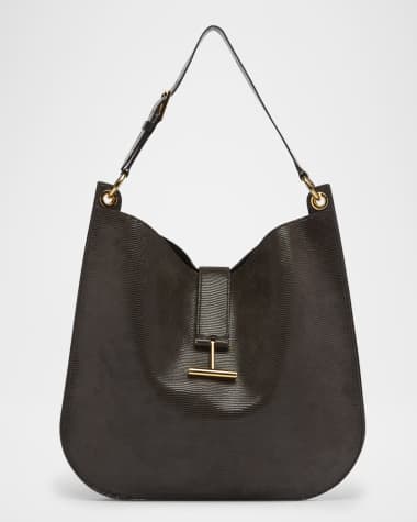 TOM FORD Tara Large Crossbody Bag in Lizard-Embossed Suede and Leather