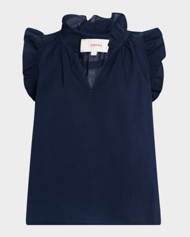 Xirena Bex Ruffle-Trim Split-Neck Top