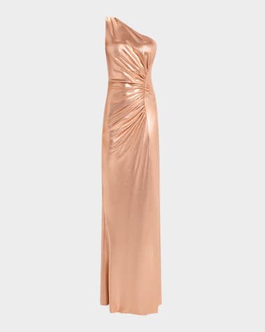 Chiara Boni La Petite Robe One-Shoulder Ruched Metallic Gown