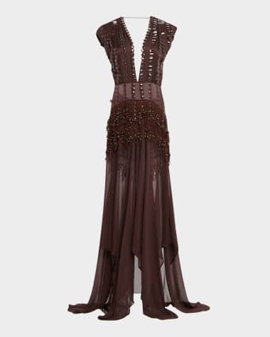 Diotima Mona Embellished Plunging Backless Gown