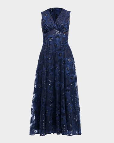 Shoshanna Elliott Sequin Floral-Embroidered Midi Dress