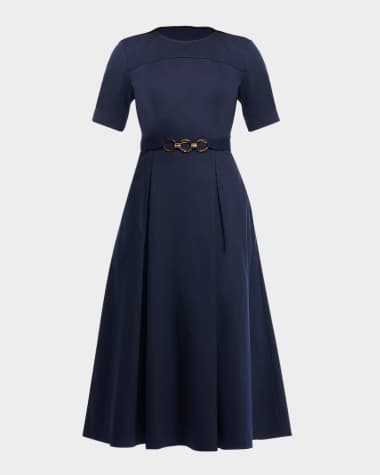 Shoshanna Cheryl Pleated Chain-Front Midi Dress