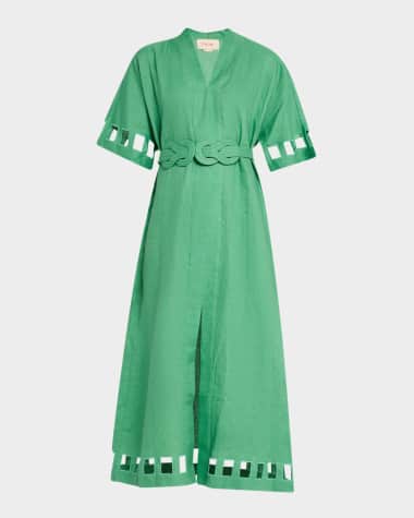 Figue Adalaide Short-Sleeve Belted Linen Midi Dress