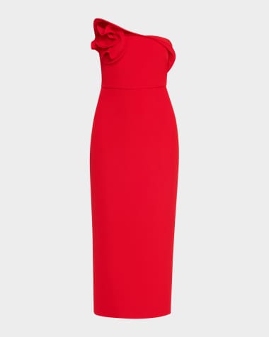 Roland Mouret Strapless Flower Drape Crepe Midi Dress