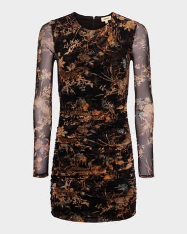 L'Agence Tapestry Jungle Sunny Ruched Mesh Mini Dress