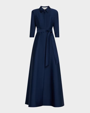 Rickie Freeman for Teri Jon Belted 3/4-Sleeve Mikado Shirt Gown