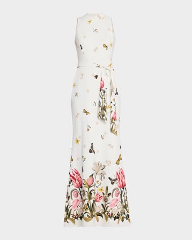 Rickie Freeman for Teri Jon Floral & Butterfly-Print Crepe Gown