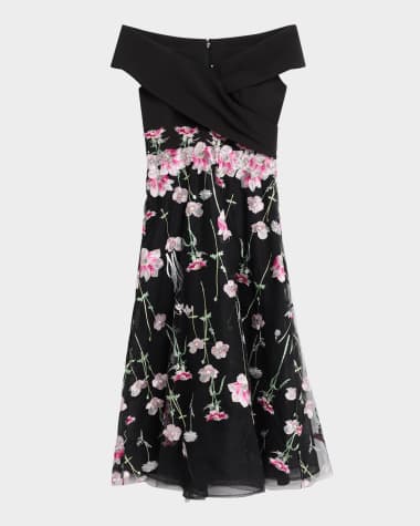 Rickie Freeman for Teri Jon Off-Shoulder Embroidered Tulle Midi Dress