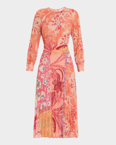Rickie Freeman for Teri Jon Pleated Patchwork-Print Chiffon Midi Dress