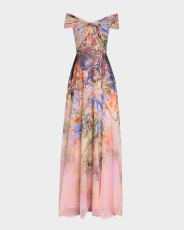 Rickie Freeman for Teri Jon Floral-Print Twist Gown