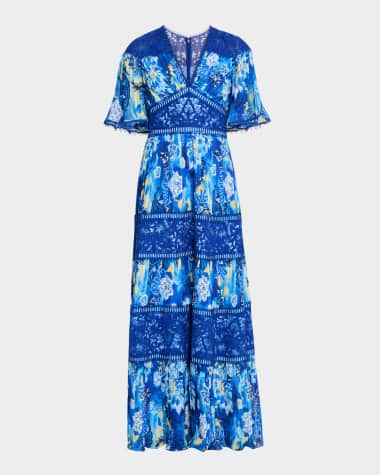 Tadashi Shoji Tiered Lace-Trim Pleated Chiffon Gown