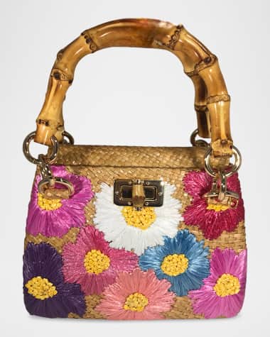 Serpui Perla Flowers Straw Top-Handle Bag
