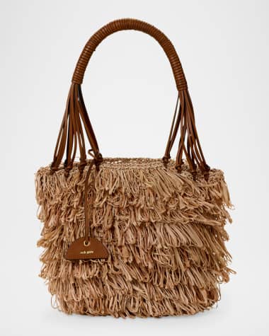 Cult Gaia Miladia Fringe Raffia Bucket Shoulder Bag