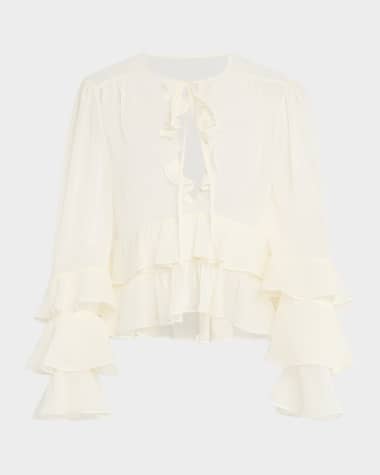 Cinq a Sept Steffina Ruffle Neck-Tie Long-Sleeve Top