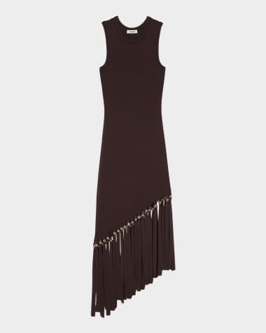 Sandro Swann Fringed and Beaded Knit Midi Dress