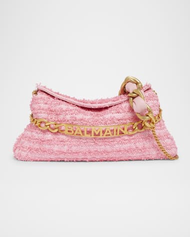Balmain 1945 Pouch Clutch Bag in Tweed Fabric with Logo Chain
