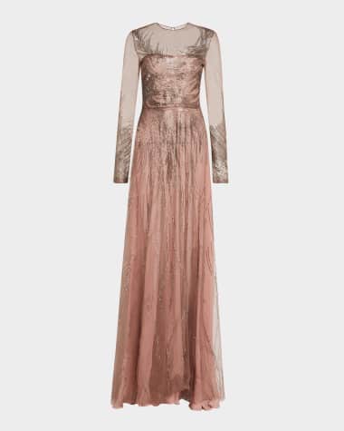 Naeem Khan Embellished Jewel-Neck Long-Sleeve Gown