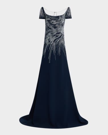 Naeem Khan Embellished Cap-Sleeve Illusion Gown