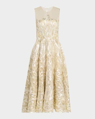 Naeem Khan Ribbon Embroidered Tea-Length Illusion Dress
