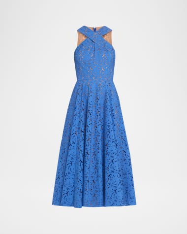 Michael Kors Collection Broderie Anglaise Crossover Halter Midi Dress