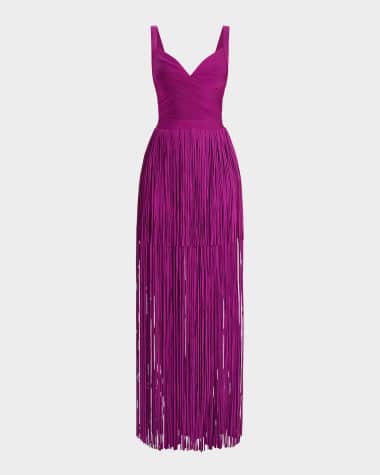Herve Leger Blanca Tiered Fringe Sleeveless Gown