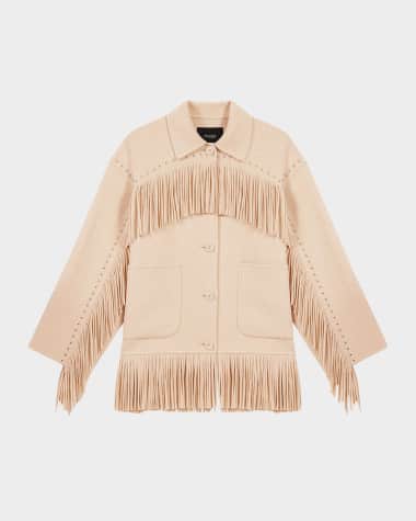 Maje Grincho Studded Fringe-Trim Coat