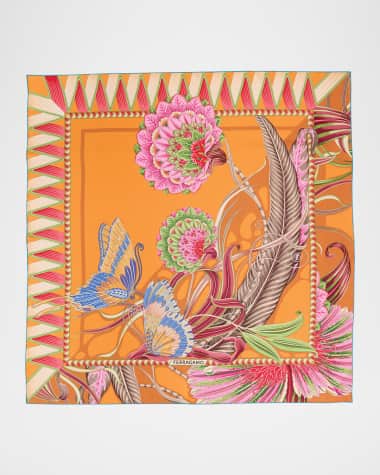 Ferragamo Giadafly Arancio Print Silk Foulard Scarf