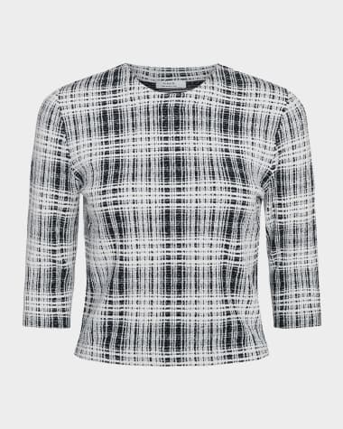 Vince Plaid Elbow-Sleeve Top