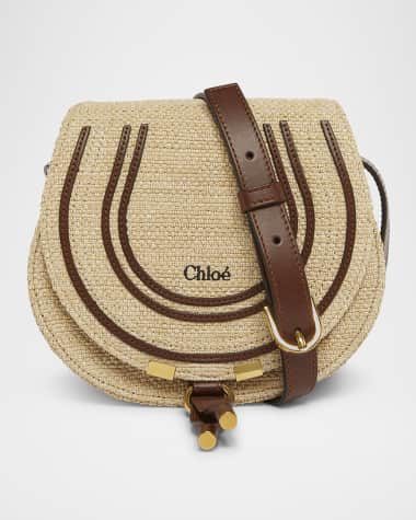 Chloe Marcie Flap Saddle Crossbody Bag in Raffia Fabric and Leather