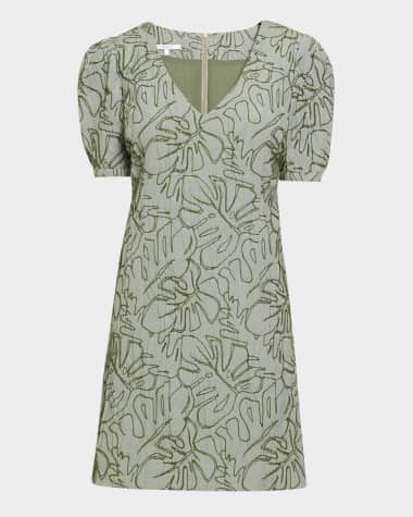 Santorelli Embroidered A-Line Cotton Cloque Dress