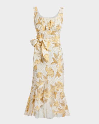 Santorelli Rina Flounce Cotton Cloque Midi Dress