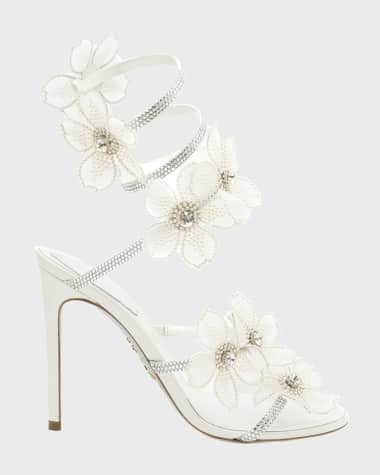 Rene Caovilla Floraine Crystal Flower Satin Snake Wrap Sandals