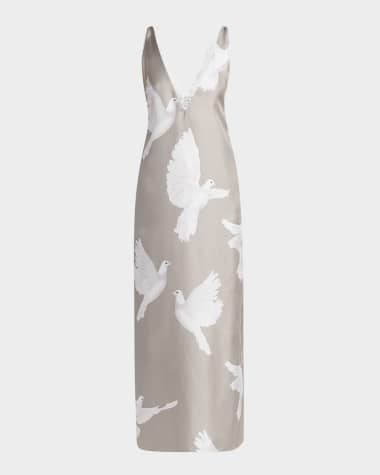 Stella McCartney Dove Print Lace Trim Silk Slip Dress