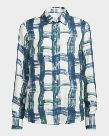 Ferragamo Brushstroke Check Button Down Silk Blouse