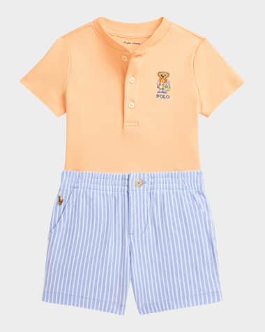 Ralph Lauren Childrenswear Boy's Polo Bear Seersucker Henley Shirt and Shorts Set, Size 3M-24M