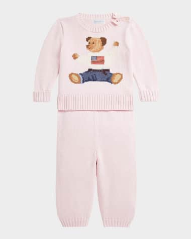Ralph Lauren Childrenswear Girl's Flag Bear Intarsia Knit Sweater and Pants Set, Size 3M-24M
