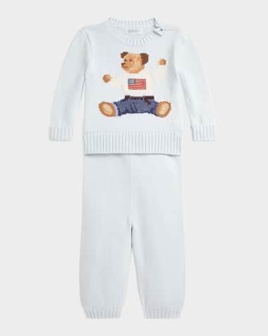 Ralph Lauren Childrenswear Boy's Flag Bear Intarsia Knit Sweater and Pants Set, Size 3M-24M