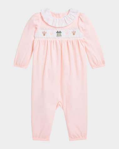 Ralph Lauren Childrenswear Girl's Smocked Embroidered Coverall, Size 3M-12M