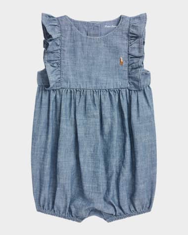 Ralph Lauren Childrenswear Girl's Chambray Ruffle-Trim Bubble Romper, Size 3M-24M